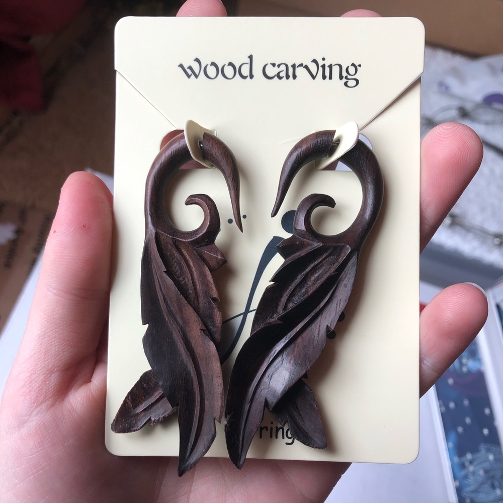 Fake gauge wood carved feather earrings